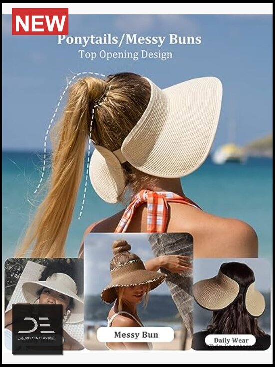 Wide Brim Straw Sun Hat with UPF 80+ Protection, Foldable, Ponytail Opening, main image 5
